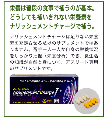 栄養は普段の食事で補うのが基本。どうしても補いきれない栄養素をナリッシュメントチャージで補う。